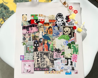 Japanese Kawaii Street Art Tote Bag: Vintage Manga Collage Market Bag, Boba Charm Gift