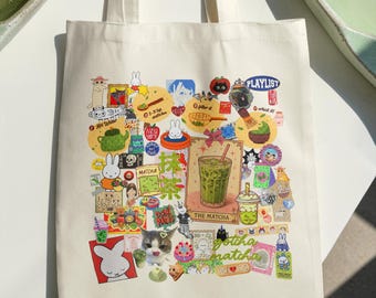 Matcha Kawaii Collage Tote Bag: Japanese Bunny Sticker Market Bag, Green Harajuku Gift