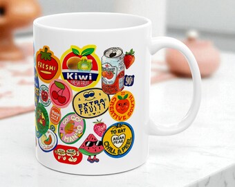 Vintage Cherry Fruit Tag Coffee Mug: Retro Ceramic Tea Cup, Tropical Mango Mug