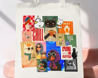 Funky Cat Collage Tote Bag | Kawaii Retro Animal Moodboard Canvas Market Bag Gift