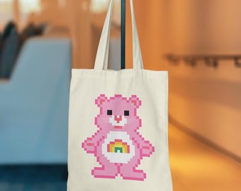 Pink Teddy Bear Cotton Tote Bag, Pixel-Art Bears Bag, Kawaii 8-Bit LGBTI Rainbow Gift