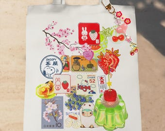 Kawaii Sakura Tote Bag with Charm: Japanese Strawberry Anime Market Bag, Harajuku Gift