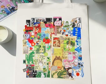 Japanese Anime Collage Organic Cotton Tote Bag: Grunge Manga Shoulder Bag