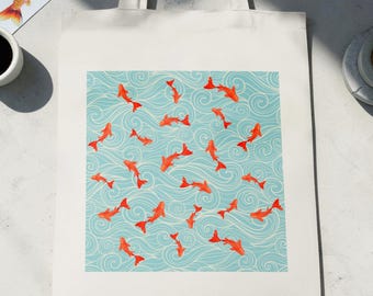 Koi Fish Tote Bag Japanese Wave Print Canvas Shoulder Bag Zen Gift