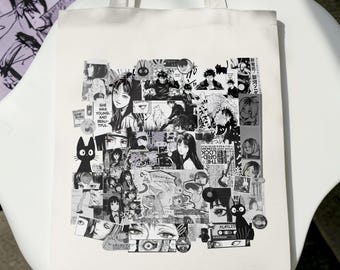 Black Manga Collage Tote Bag: Japanese Cartoon Sticker Market Bag, Monochrome Harajuku Gift