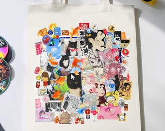 Japanese Kawaii Cat Street Art Tote Bag: Vintage Manga Collage Market Bag, Y2K Sticker