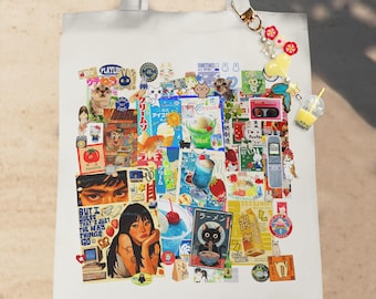 Retro Japanese Style Collage Tote Bag with Charm: Kawaii Indie Market Bag, Harajuku Gift