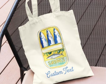 Personalized Sardine Tin Tote Bag: Retro Coastal Beach Summer Cotton Bag