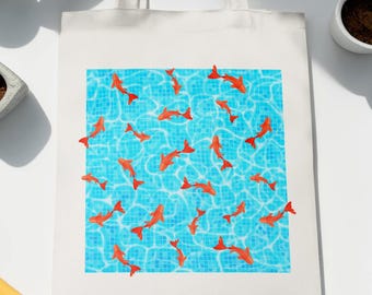 Japanese Goldfish Tote Bag Wave Print Canvas Shoulder Bag Fish Lover Gift