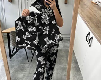 Cotton Pajama Set for Women | 3-Piece Lounge Set with Bear Print | Shorts, Pants & Shirt
