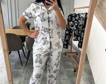 Cotton Pajama Set for Women | 3-Piece Lounge Set with Bear Print | Shorts, Pants & Shirt