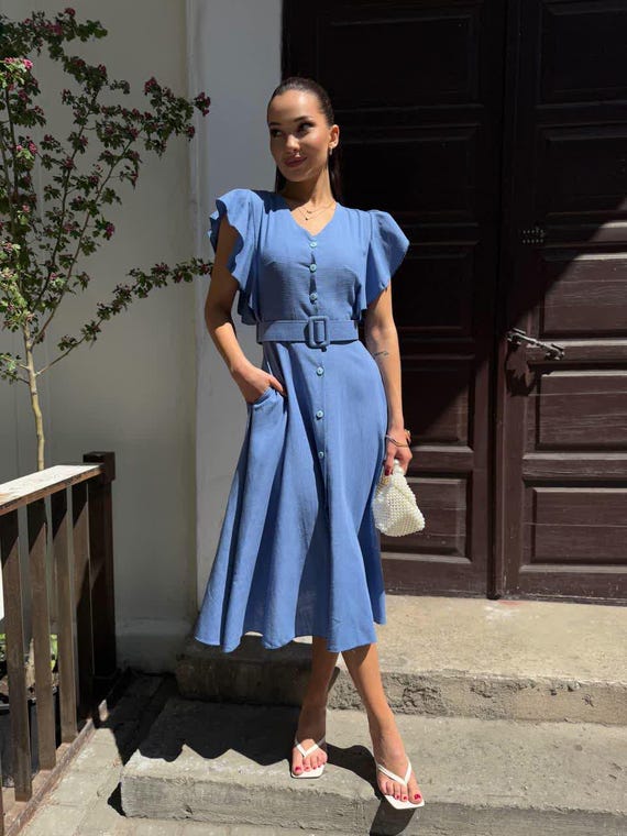 Vestido midi de lino con volantes – Vestido informal de lino para