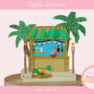 Tiki Bar Pop Up Box Karte SVG | 3D Tropisches Papiermodell (Digitaler Download)