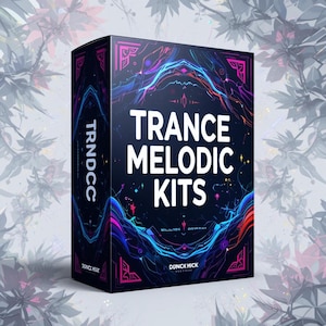 May include: A black box with the words "TRANCE MELODIC KITS" in white. The box has a neon blue, purple, and pink design. The text "TRNDCC" is printed vertically on the side of the box. The names "ELLIOS DRIVALL" and "DUNCK HICK" are also printed on the box.