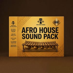 May include: A golden-yellow box with the text "AFRO HOUSE SOUND PACK" in large black letters. The box features a balafon instrument graphic and text indicating 200+ synth and bass presets, samples, and loops. The box is designed for music production.