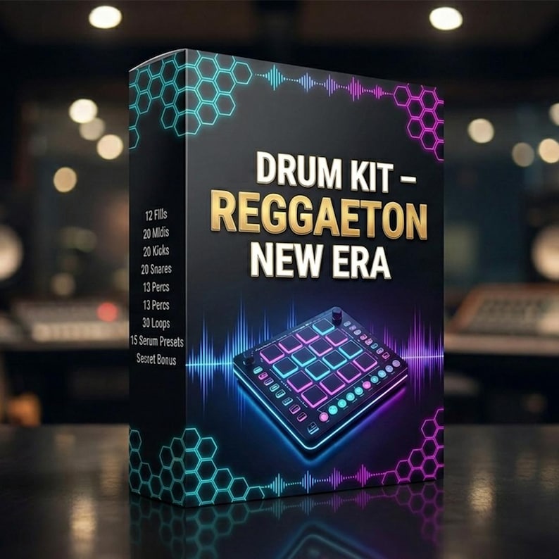 Puede incluir: Una caja negra con el texto "DRUM KIT - REGGAETON NEW ERA" en dorado y blanco. La caja presenta una caja de ritmos con luces de ne&oacute;n y una lista de sonidos incluidos. El dise&ntilde;o incorpora formas geom&eacute;tricas y gr&aacute;ficos de ondas de sonido turquesa y morado.