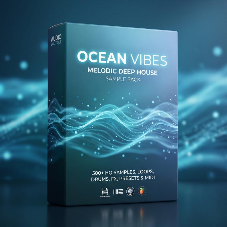 May include: A teal box with the text "OCEAN VIBES MELODIC DEEP HOUSE SAMPLE PACK". The box also includes the text "500+ HQ SAMPLES, LOOPS, DRUMS, FX, PRESETS & MIDI". The box has a wavy blue design.