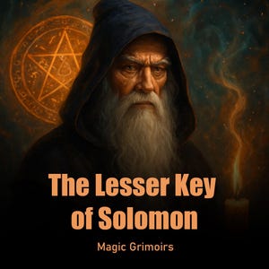 Peut inclure: Illustration numérique d'un vieil homme sage avec une longue barbe blanche et une robe à capuche. Le texte "The Lesser Key of Solomon" et "Magic Grimoirs" est affiché en orange. Un pentagramme et une bougie sont également visibles.