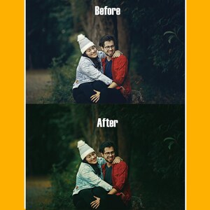 Puede incluir: Comparaci&oacute;n de im&aacute;genes que muestra la edici&oacute;n de fotos "Antes" y "Despu&eacute;s". La imagen "Antes" presenta una pareja en un entorno forestal. La imagen "Despu&eacute;s" muestra la misma pareja con colores y contraste mejorados. El texto "Antes" y "Despu&eacute;s" es blanco.