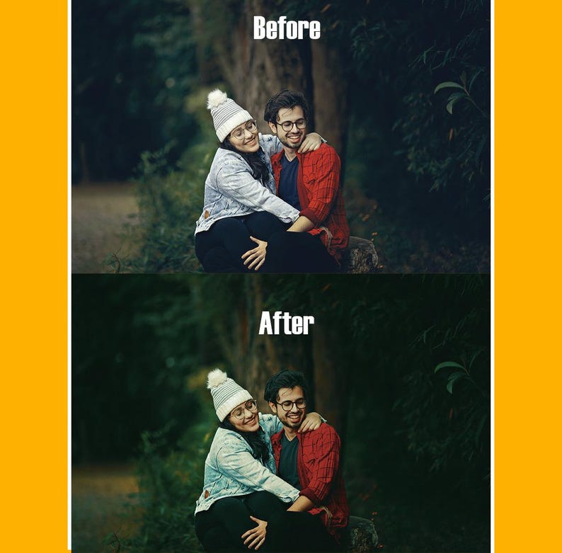Puede incluir: Comparaci&oacute;n de im&aacute;genes que muestra la edici&oacute;n de fotos "Antes" y "Despu&eacute;s". La imagen "Antes" presenta una pareja en un entorno forestal. La imagen "Despu&eacute;s" muestra la misma pareja con colores y contraste mejorados. El texto "Antes" y "Despu&eacute;s" es blanco.