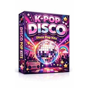 Peut inclure: Une boîte violette avec les mots "K-Pop Disco" en rose et blanc. La boîte présente une boule disco, un arc-en-ciel, des étoiles et des silhouettes de personnes dansant. Les mots "Disco Pop Kits" sont également visibles.
