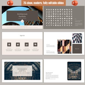 Peut inclure: Un modèle de présentation avec 25 diapositives propres, modernes et entièrement modifiables. Les diapositives présentent des images architecturales, des icônes et des zones de texte. La diapositive de titre indique "Architecture Portfolio". La présentation comprend un ordre du jour, des sauts de section et un projet de tablette.
