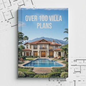 Op de afbeelding: Een boek getiteld "OVER 100 VILLA PLANS" toont een luxe villa met zwembad, palmbomen en bergen. De omslag toont een gedetailleerde architectonische weergave, wat duidt op huisontwerpplannen.