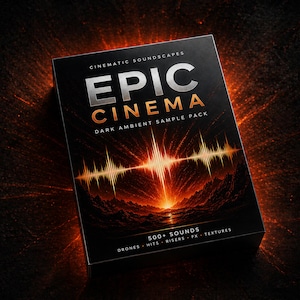 May include: A black box with the words "EPIC CINEMA" in silver and orange, and "DARK AMBIENT SAMPLE PACK" in orange. The box features a sound wave graphic and the text "500+ SOUNDS". The background is dark with orange highlights.