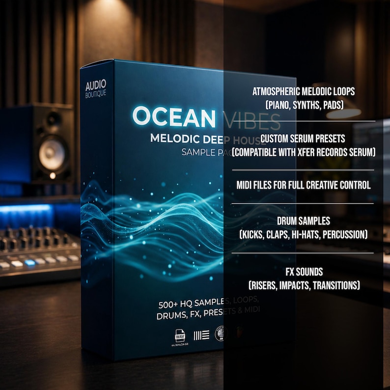 May include: A dark blue box with the text "OCEAN VIBES" and "MELODIC DEEP HOUSE" in white. The box also lists "ATMOSPHERIC MELODIC LOOPS", "CUSTOM SERUM PRESETS", "MIDI FILES", "DRUM SAMPLES", and "FX SOUNDS". The box has a wavy blue design.