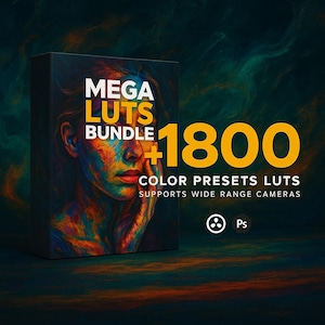 Może przedstawiać: Pudełko produktu z napisem "MEGA LUTS BUNDLE + 1800 COLOR PRESETS LUTS" i artystycznym portretem z kolorowymi pociągnięciami pędzla. Pudełko zawiera również napis "SUPPORTS WIDE RANGE CAMERAS". Tło jest ciemnozielono-pomarańczowe.