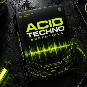 May include: A black box with the words "ACID TECHNO ESSENTIALS" in large, neon green and white text. The box also features a neon green sound wave graphic and the text "ESSENTIAL SOUNDS FOR ACID TECHNO PRODUCTIONS".