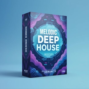 Puede incluir: Una caja de producto con un diseño azul y morado. El texto "MELODIC DEEP HOUSE" está en letras blancas grandes, con "MOICUR" debajo. La caja también dice "FOR SERUM 1.7".
