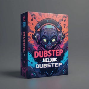 Könnte beinhalten: Eine Box mit einer farbenfrohen Illustration einer Figur mit Kopfhörern, mit dem Wort "DUBSTEP" in großen Buchstaben. Die Box hat einen dunklen Hintergrund mit Noten und einem Logo an der Seite.