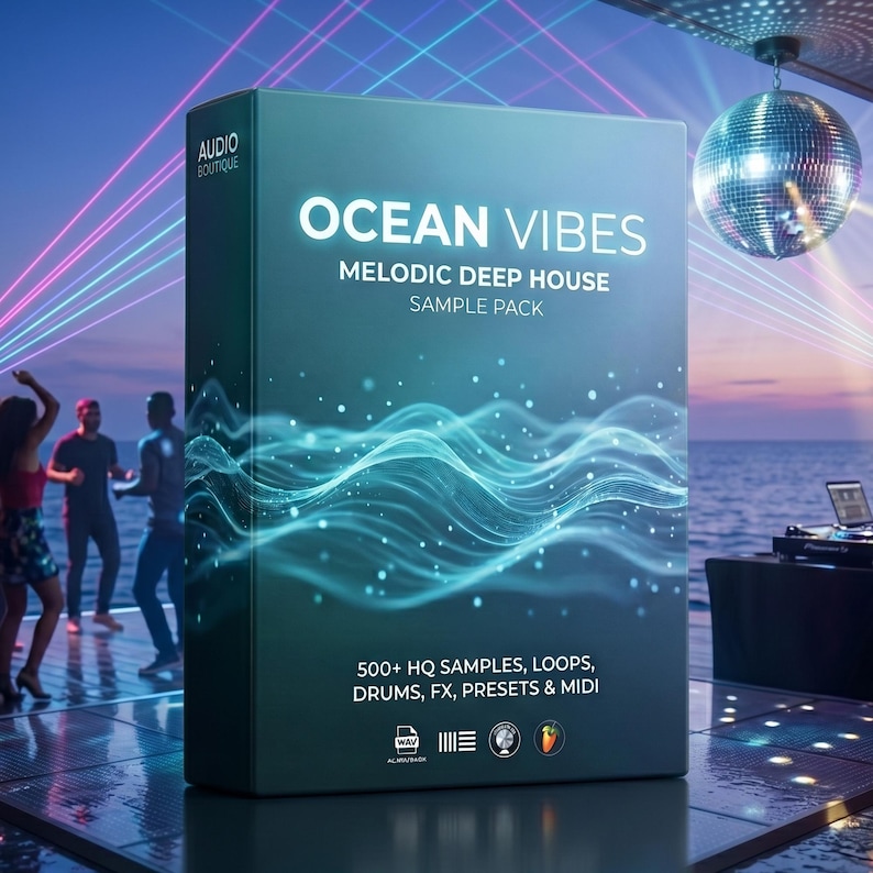 May include: A teal sample pack titled "OCEAN VIBES" with the text "MELODIC DEEP HOUSE SAMPLE PACK." It includes "500+ HQ SAMPLES, LOOPS, DRUMS, FX, PRESETS & MIDI." The Audio Boutique logo is in the upper left corner.
