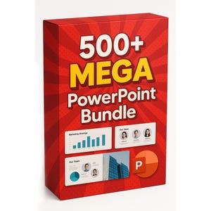 Puede incluir: Una caja roja con el texto "500+ MEGA PowerPoint Bundle" en blanco y amarillo. La caja también presenta imágenes de gráficos, miembros del equipo y el logotipo de PowerPoint.
