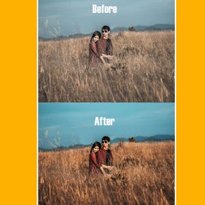 Puede incluir: Una imagen de antes y despu&eacute;s de una edici&oacute;n de fotos. La mitad superior muestra la foto original con la palabra "Antes" en texto blanco. La mitad inferior muestra la foto editada con la palabra "Despu&eacute;s" en texto blanco. Las fotos muestran una pareja en un campo.