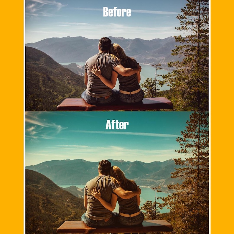 Puede incluir: Comparaci&oacute;n de im&aacute;genes que muestra un efecto de edici&oacute;n de fotos de antes y despu&eacute;s. La imagen superior, etiquetada como "Antes", muestra a una pareja abraz&aacute;ndose en un banco con vistas a una cordillera y un lago. La imagen inferior, "Despu&eacute;s", muestra la versi&oacute;n mejorada con colores mejorados.