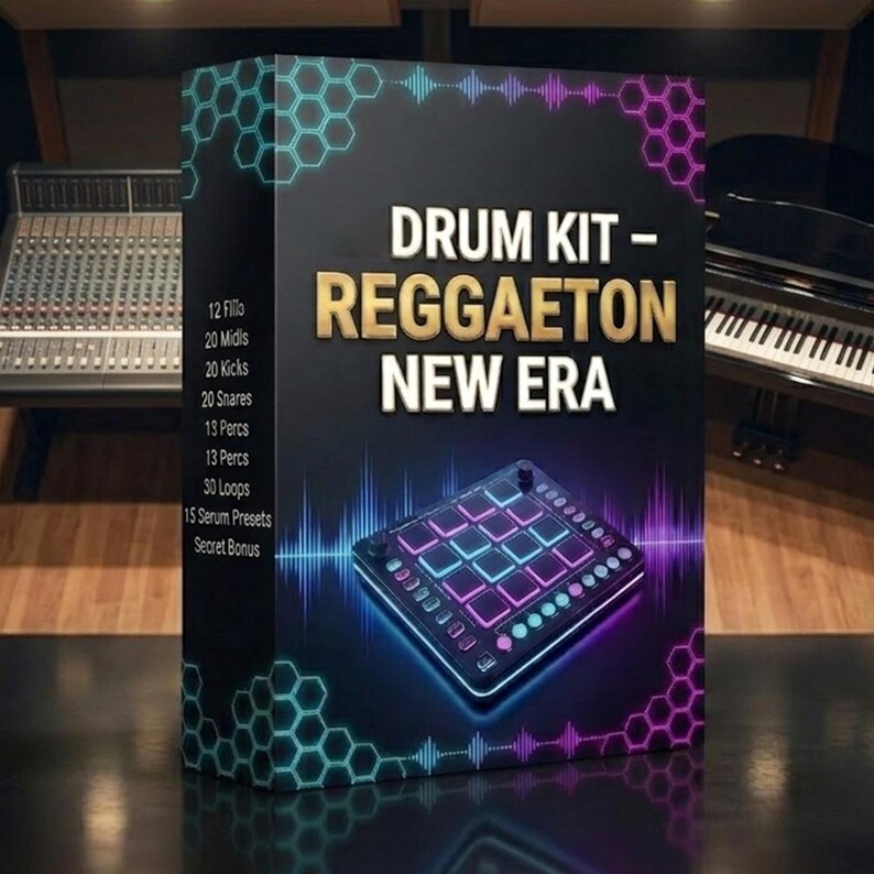 Puede incluir: Una caja negra con el texto "DRUM KIT - REGGAETON NEW ERA" en letras doradas. La caja presenta una caja de ritmos iluminada con ne&oacute;n y una lista de sonidos incluidos. El dise&ntilde;o incorpora patrones geom&eacute;tricos azules y morados y gr&aacute;ficos de ondas de sonido.