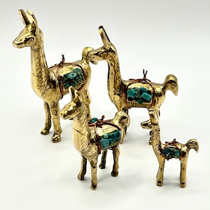 4 Carved Brass LLAMA figurines with turquoise stone Set ~ Peruvian Llama Decor ~