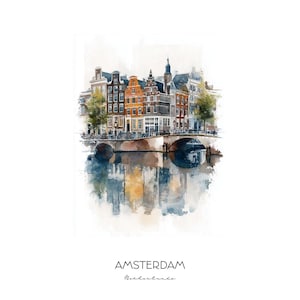Amsterdam Netherlands Watercolor Art Print - Cityscape Wall Art - Travel Decor Canal Houses Home Gift