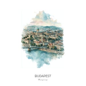 Budapest Hungary Watercolor Art Print - Cityscape Wall Art Landscape - Travel Gift Home Decor Danube River Panorama