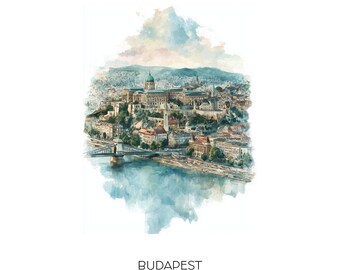 Lámina artística en acuarela de Budapest, Hungría - Paisaje urbano para pared - Regalo de viaje - Decoración del hogar - Panorama del río Danubio