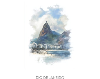 Rio de Janeiro Brazil Watercolor Art Print - Iconic Cityscape Wall Art - Brazil Travel Gift Home Decor Christ the Redeemer Landscape