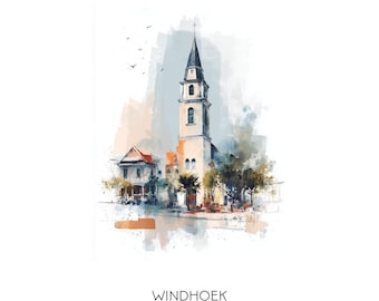 May include: A watercolor painting of a church with a tall steeple in Windhoek, Namibia.