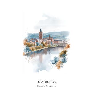 Inverness United Kingdom Watercolor Art Print - Skyline Cityscape Wall Art Home Decor Gift Scottish Highlands Landscape