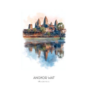 Angkor Wat Cambodia Watercolor Art Print - Landscape Wall Art Home Decor Travel Gift Iconic Landmarks