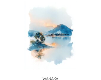 Wanaka New Zealand Watercolor Art Print - Serene Landscape Wall Art - Travel Gift Home Decor Lake Wanaka