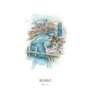Bilbao Spain Watercolor Art Print - Cityscape Landscape Wall Art - Travel Gift Home Decor Guggenheim Museum