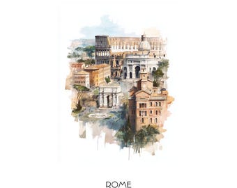 Rome Italy Watercolor Art Print - City Skyline Wall Art - Travel Gift Home Decor Colosseum Trevi Fountain Landscape