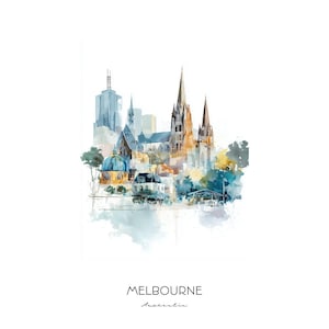 Melbourne Australia Watercolor Art Print - Cityscape Wall Art Home Decor - Travel Gift with Opera House and Flinders Street Station